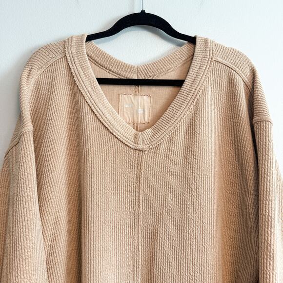 Aerie Waffle Knit Oversized Slouchy V-Neck Sweatshirt Tan Size M - Picture 4 of 14